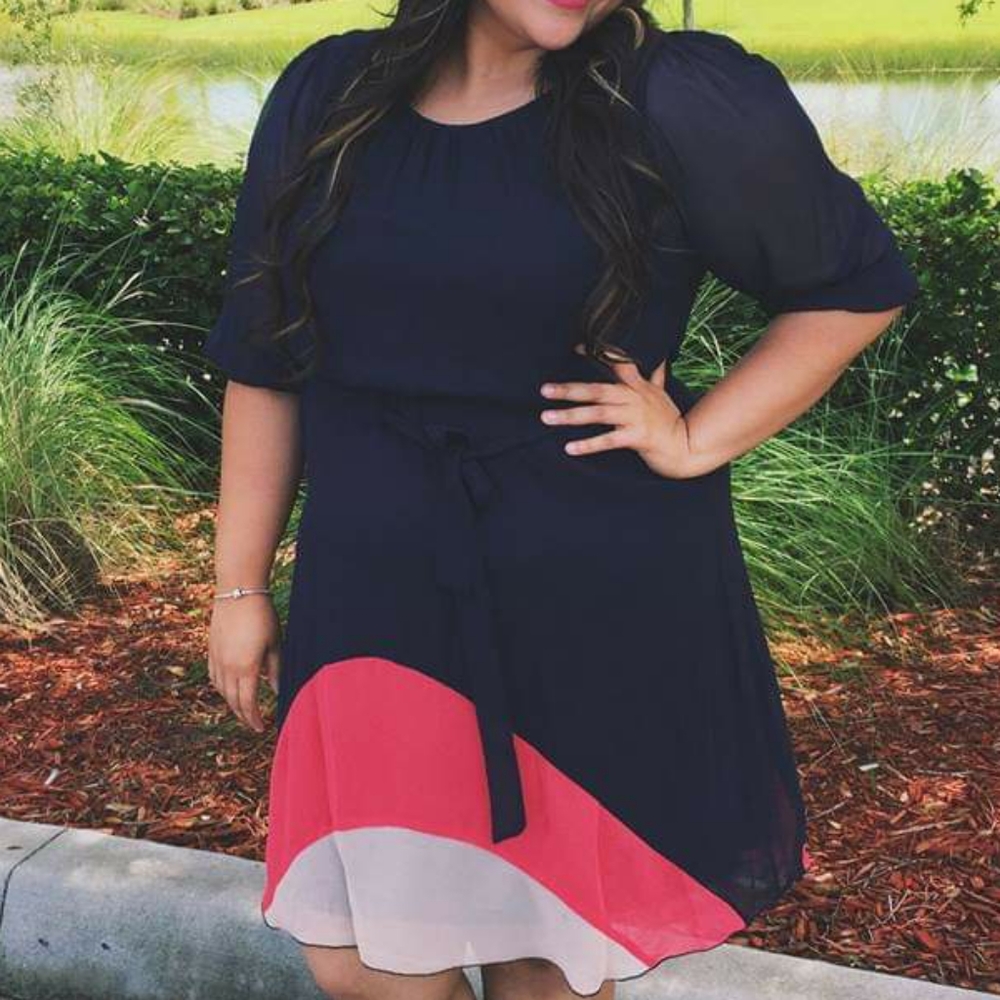 Enfocus Studio Blue Dress with Pink & Tab Stipe